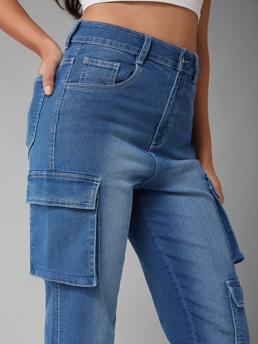 Women's Mid-Blue Regular High-Rise Regular Stretchable Denim Joggers