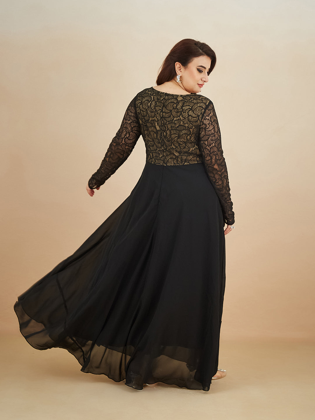 Black V-Neck Full Sleeve Self Design Lace-Overlaid Georgette Maxi Dress for Women — Miss Chase A+
