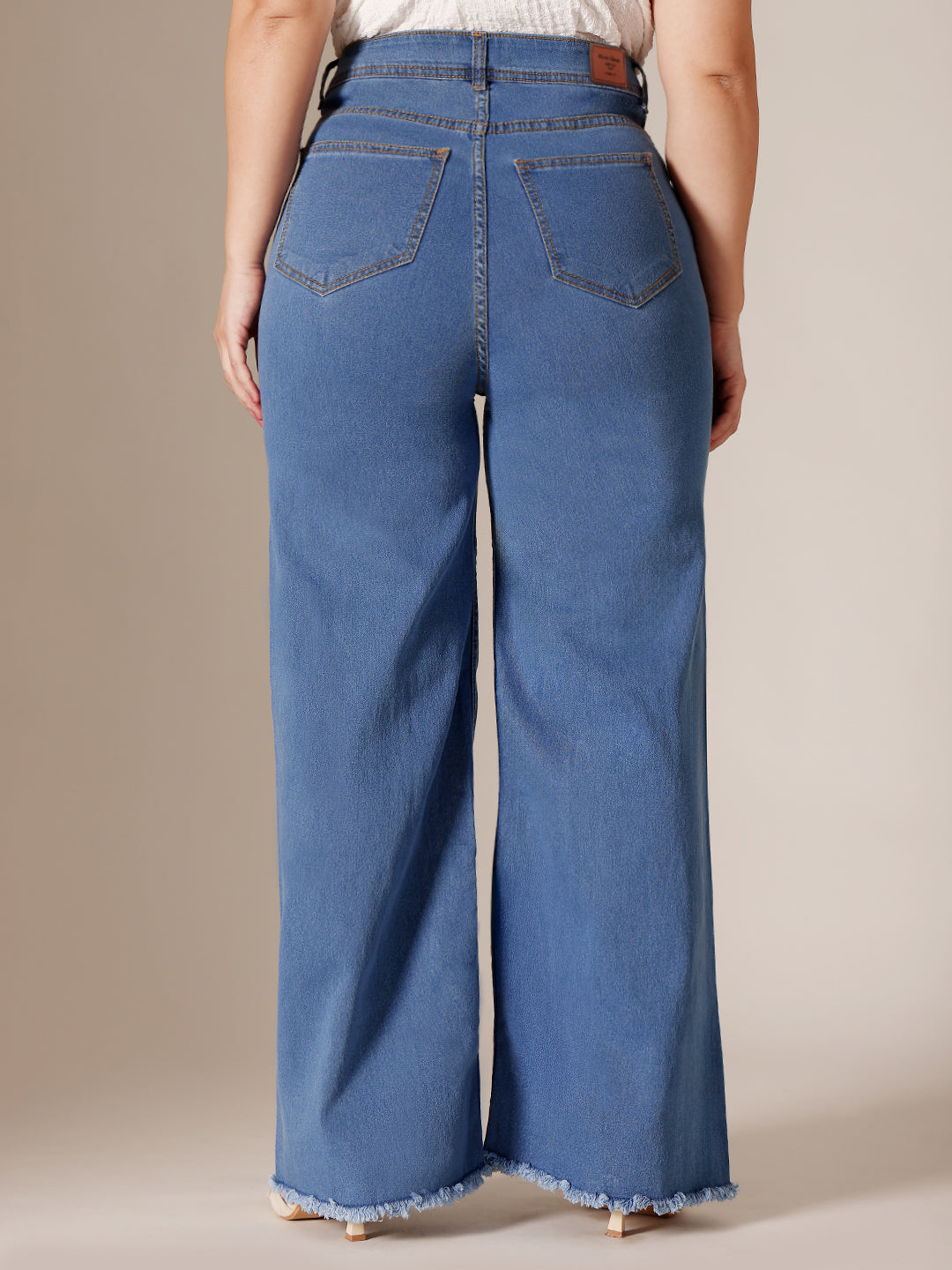 24/7 Comfort Mid Blue Wide-Leg High-Rise Clean-Look Regular-Length Stretchable Denim Jeans for Women