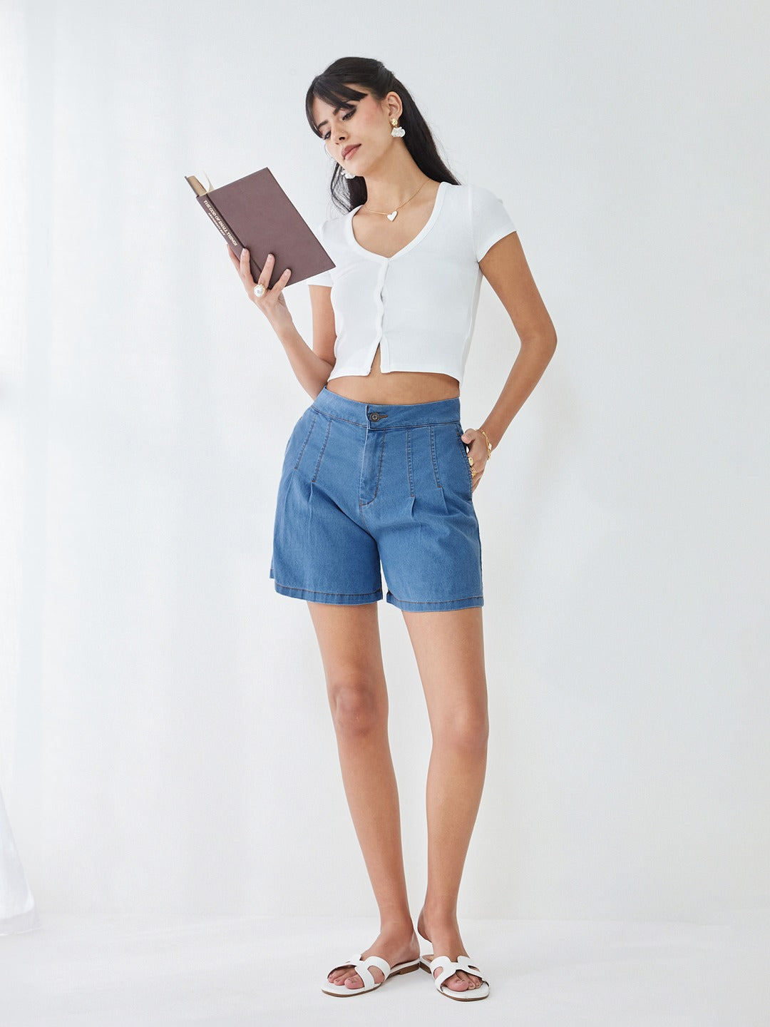 Blue Flared High-Rise Clean-Look Regular-Length Stretchable Special Light-Weight Denim Shorts for Women