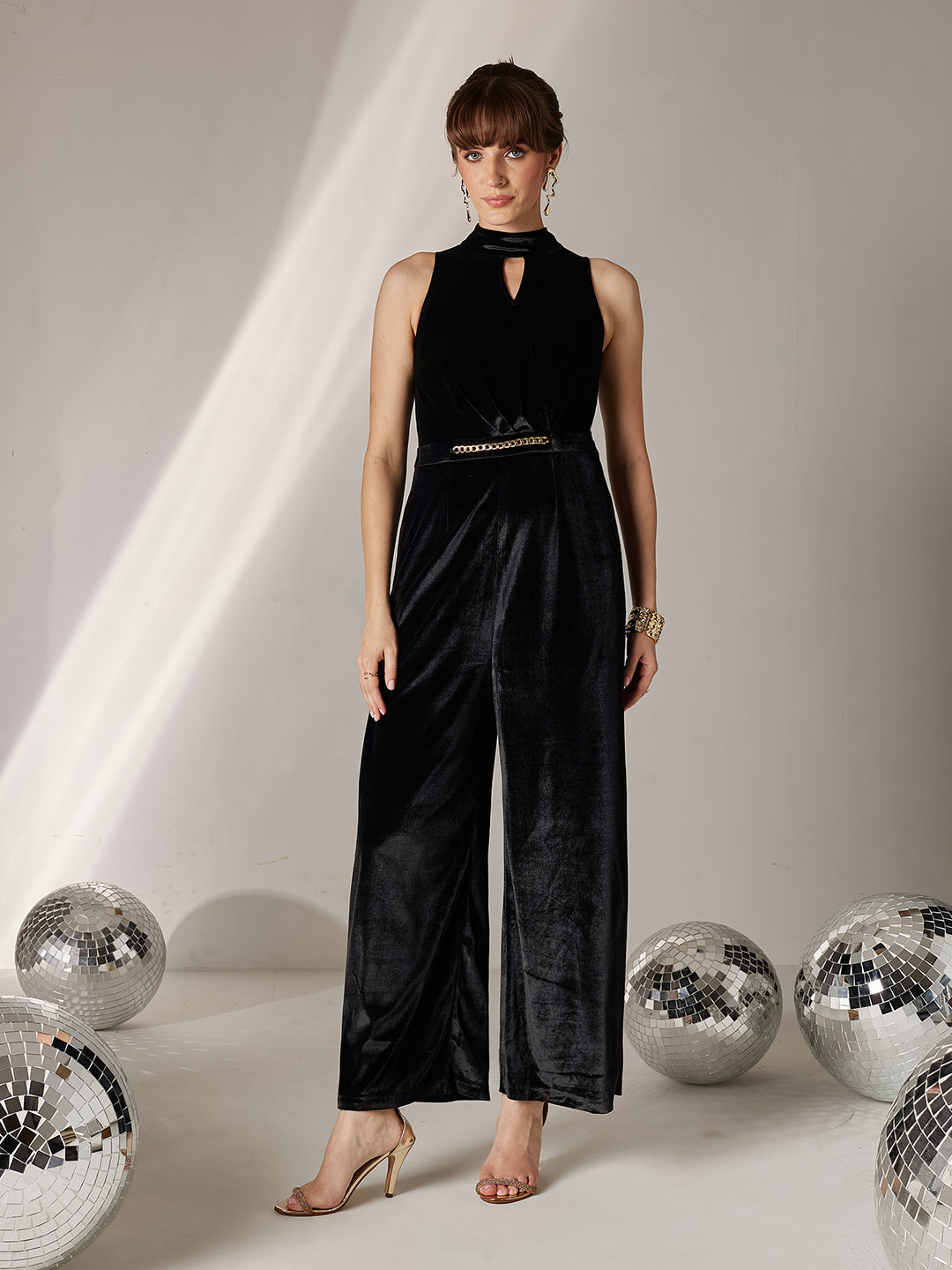 Women's Black Choker Neck Sleeveless Solid Pleated Regular Jumpsuit