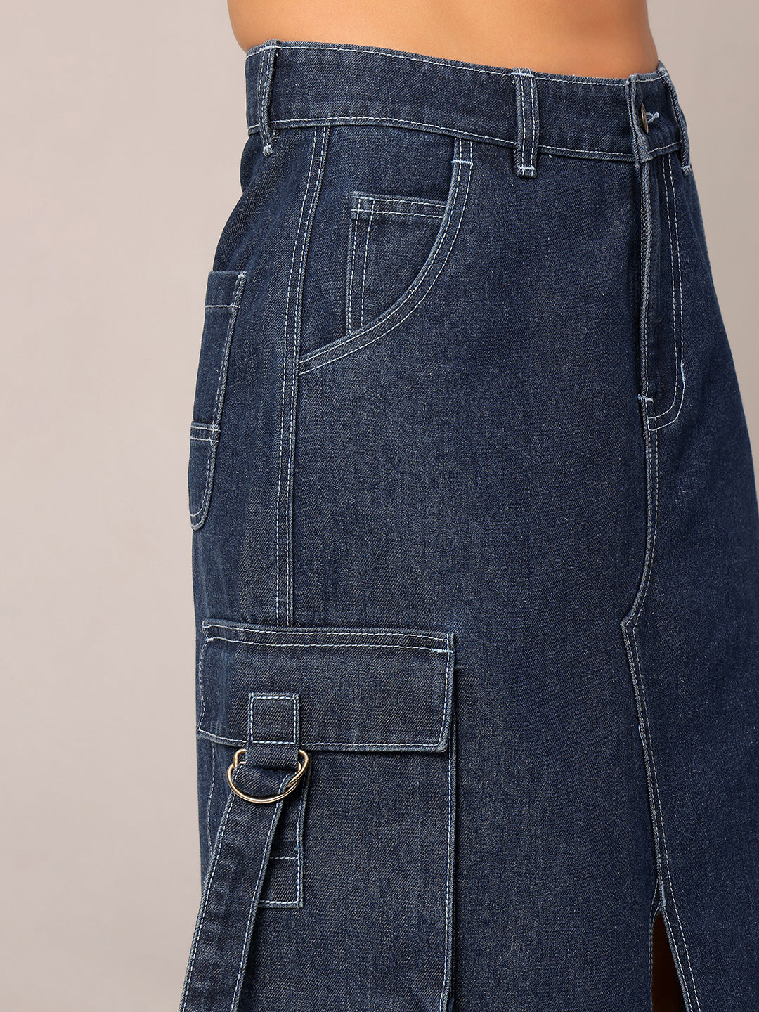 Navy-Blue Straight-Fit High-Rise Clean-Look Midi Denim Skirt for Women