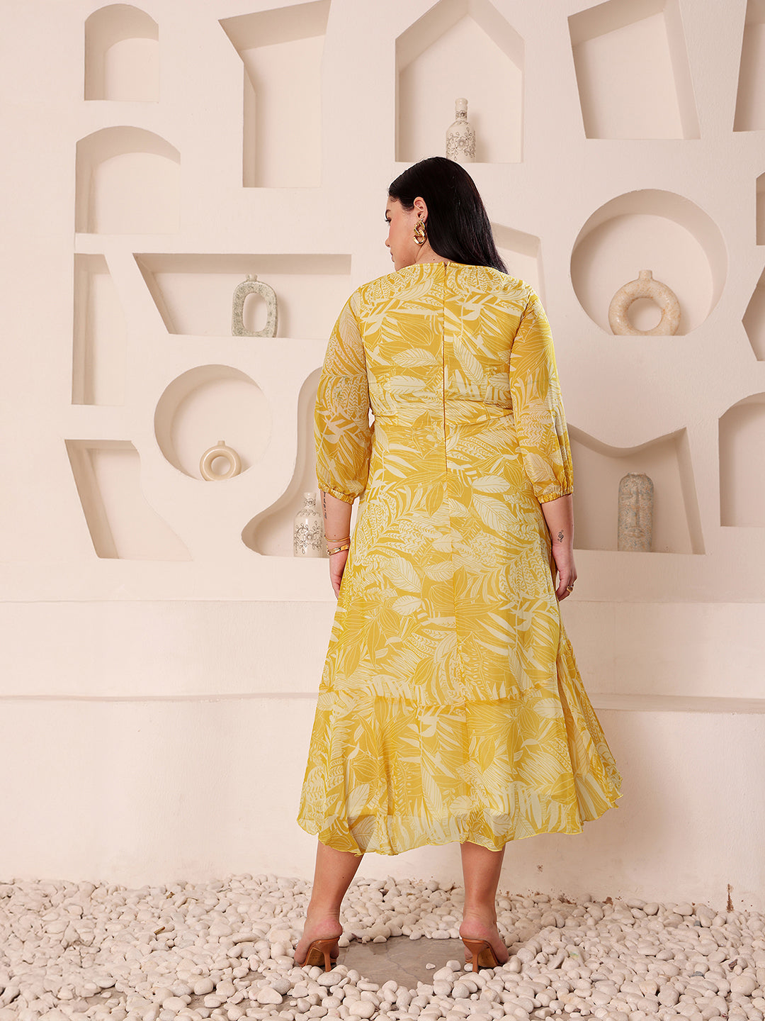 Women's Yellow & White V-Neck Full-Sleeves Floral Layered Maxi Dress