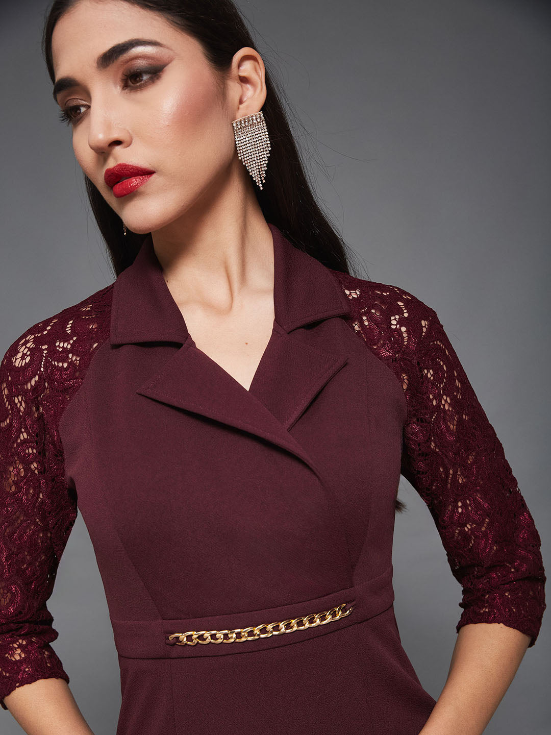 Women's Wine Notched Collar Three-Quarter Sleeve Self-Designed Bodycon Midi Dress