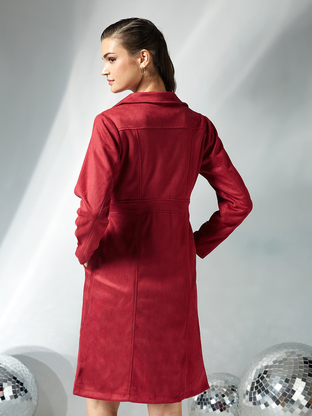 Women's Dark Red Solid Shirt Collar Full Sleeves Patched Pocketed Polyester Button Down Longline Jacket