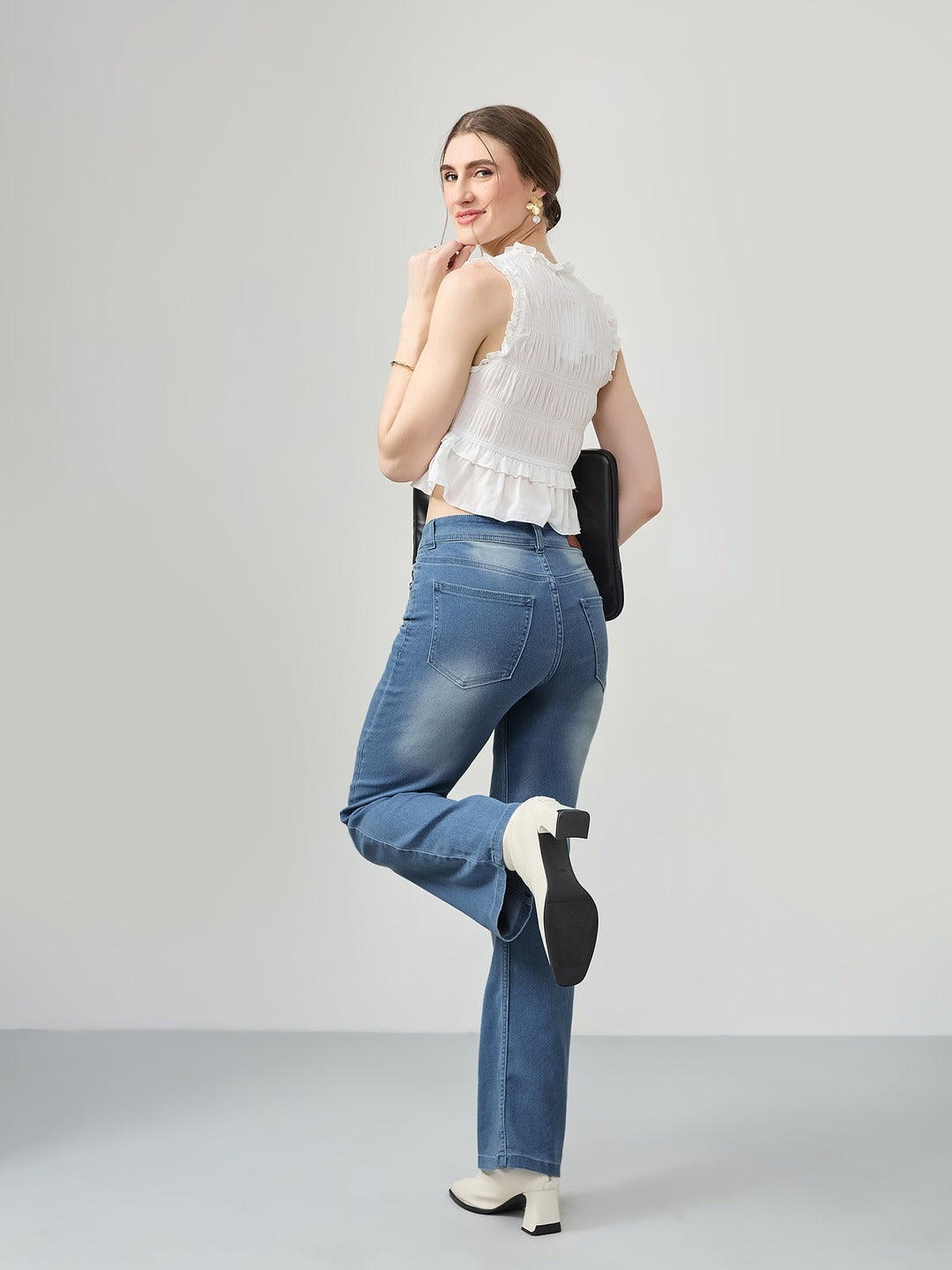 Light Blue Wide-Leg Mid Rise Blast Effect Light Weight Denim Jeans for Women