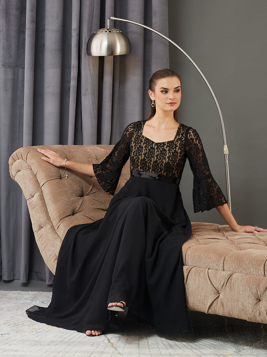 Women's Black Sweetheart-Neck Full Sleeve Floral Lace-Overlaid Georgette Maxi Dress