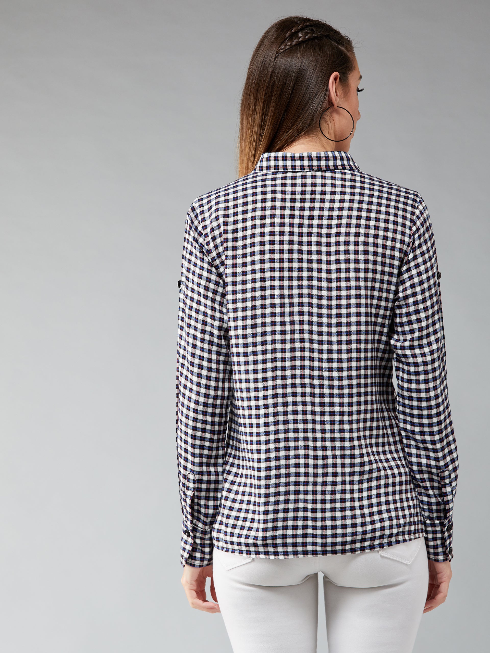Women's Multicolored-Base-Navy Blue Round Neck Full Sleeve Checkered Basic Regular Length Shirt