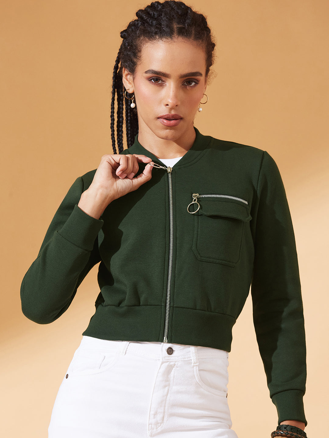 Green Stand Collar Full Sleeves Cotton Boxy/Bomber Cropped Jacket for Women