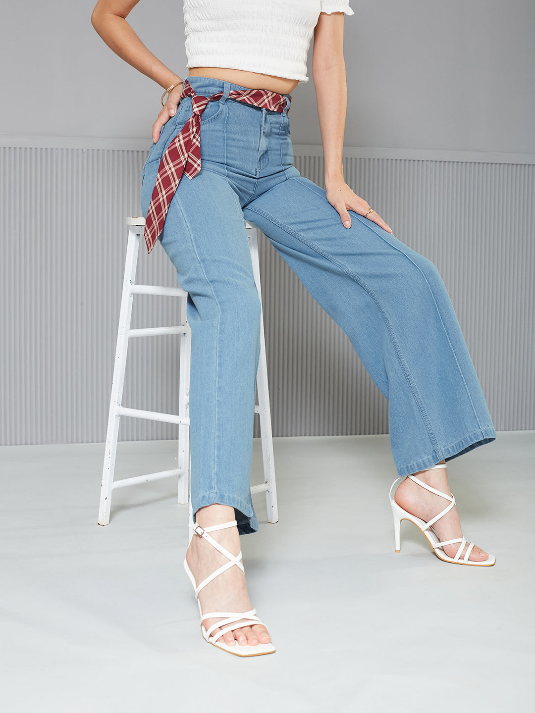 Light-Blue Straight-Fit High-Rise Regular-Length Non-Stretchable Denim Jeans with Detachable Necktie for Women — Miss Chase