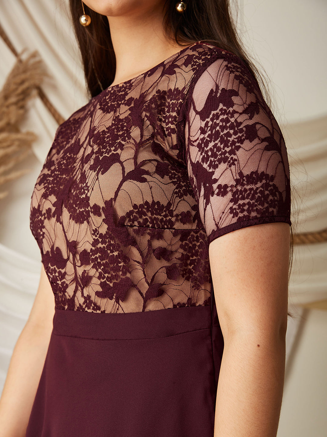 Wine & Beige Relaxed Fit  Georgette Maxi Dress