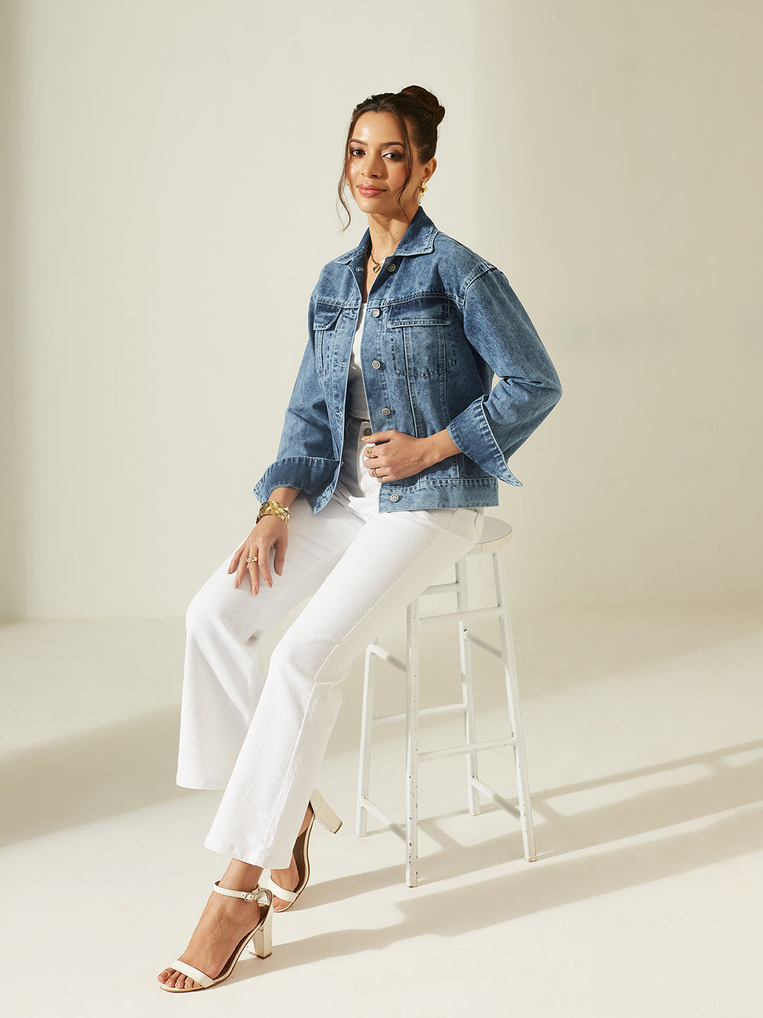 Light Blue Collared Full Sleeve Solid Classic with Textured Threadwork Sequin Embellishment Full-Back Artwork Denim Jacket for Women