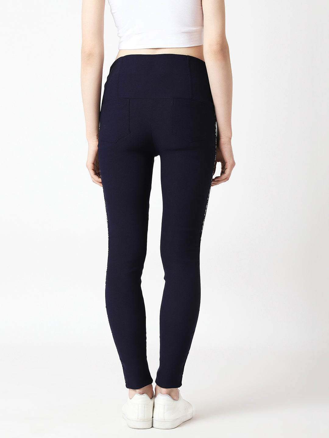 Women's Navy Blue Solid Skinny High Waist Multicolored Camo Twill Tape Detailing Regular Length Jeggings