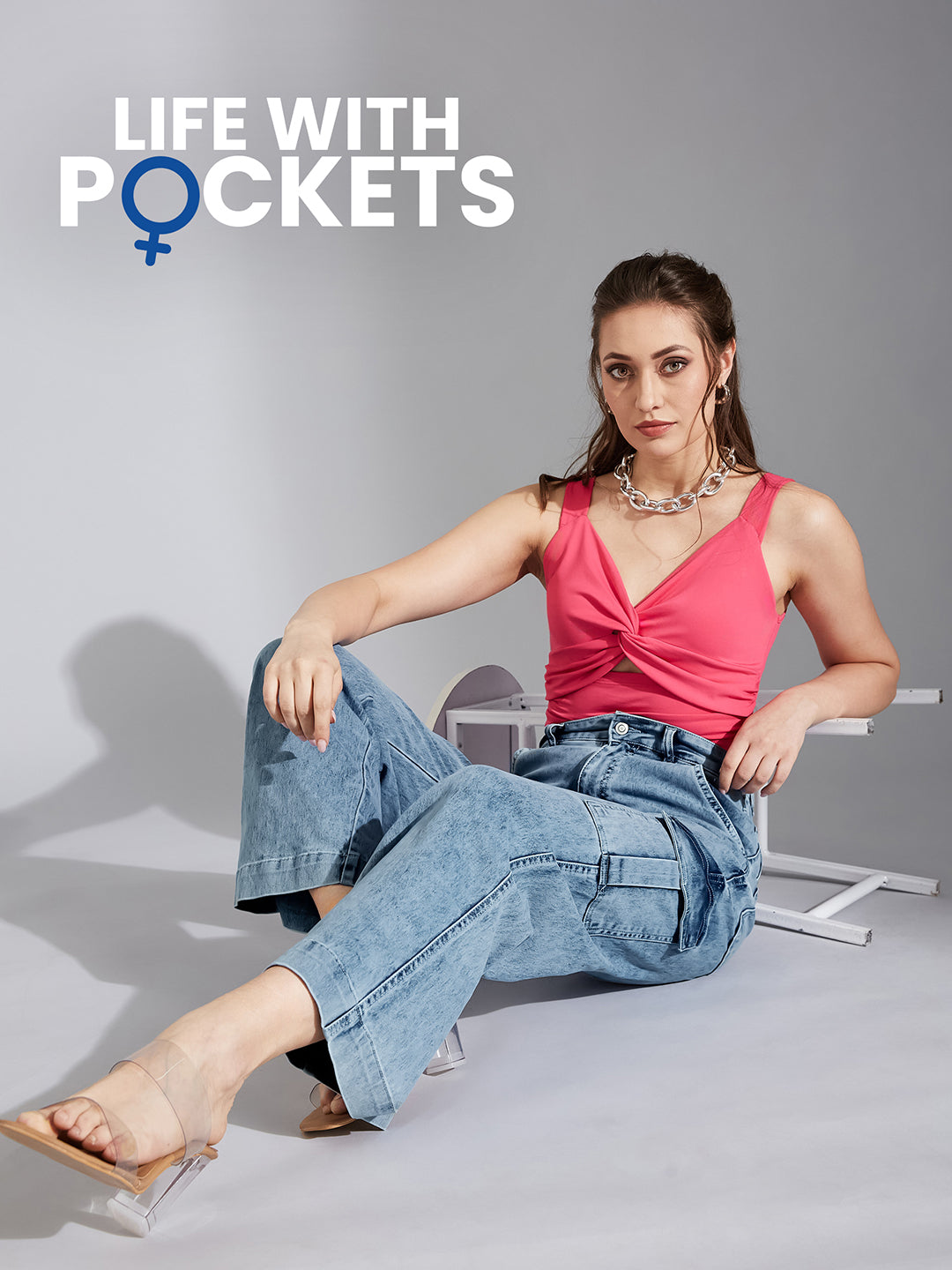 Women's Light Blue Wide-Leg High-Rise Clean-Look Stretchable Flared Cargo Style Denim Jeans