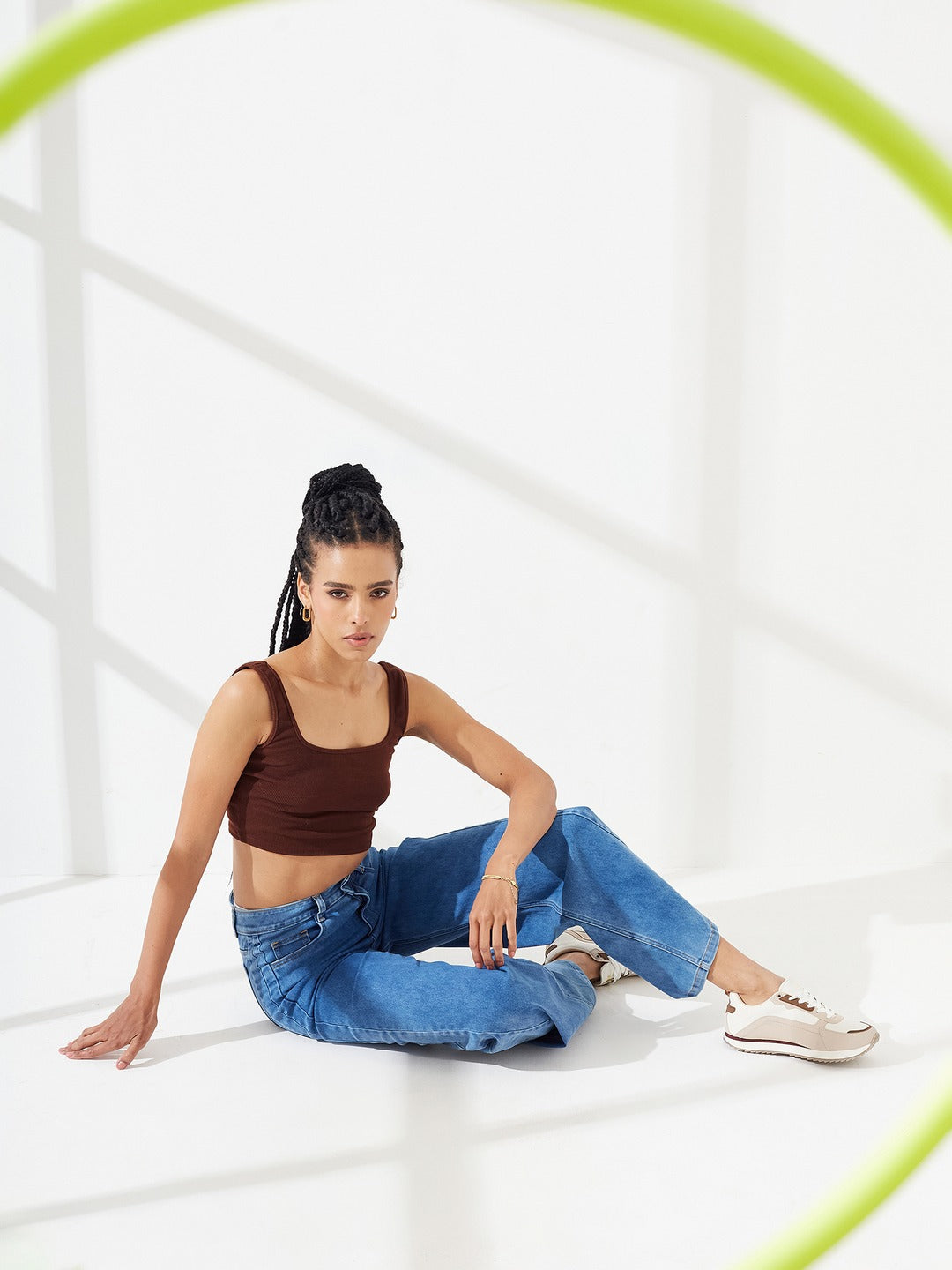 Mid Blue Wide Leg High-Rise Curved Panel Stretchable Denim Jeans For Women