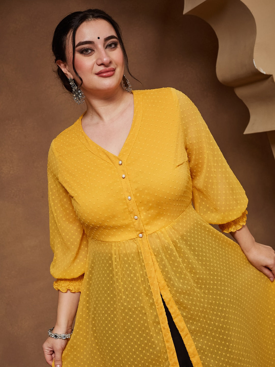 Mustard Yellow V-Neck 3/4 Sleeves solid empire Maxi Top for Women — Miss Chase A+
