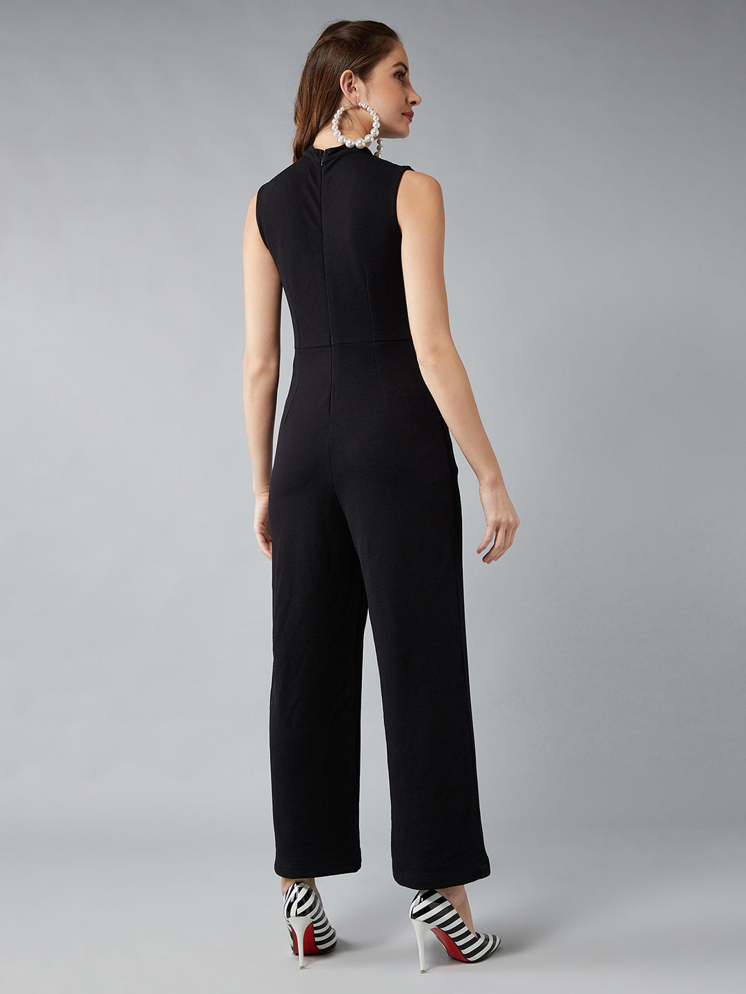 Women's Black V-Neck Sleeveless Solid Wide Leg Regular Length Jumpsuit