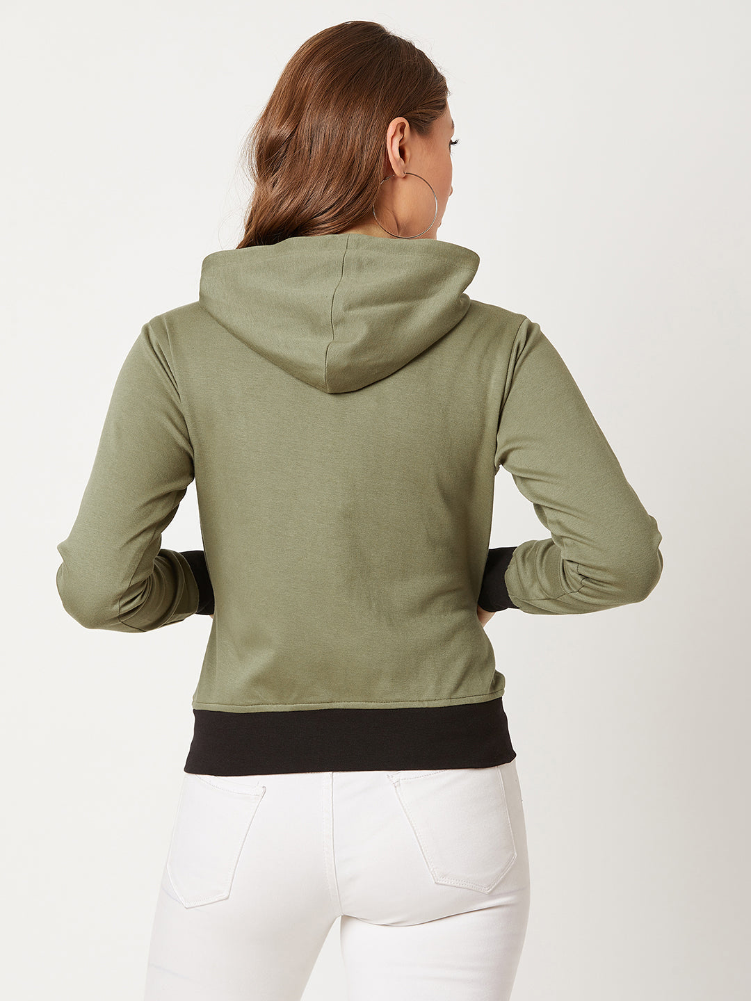 Women's Olive Green Hooded Full Sleeves Solid Drawstring and Eyelet Detailing Regular Length Jacket