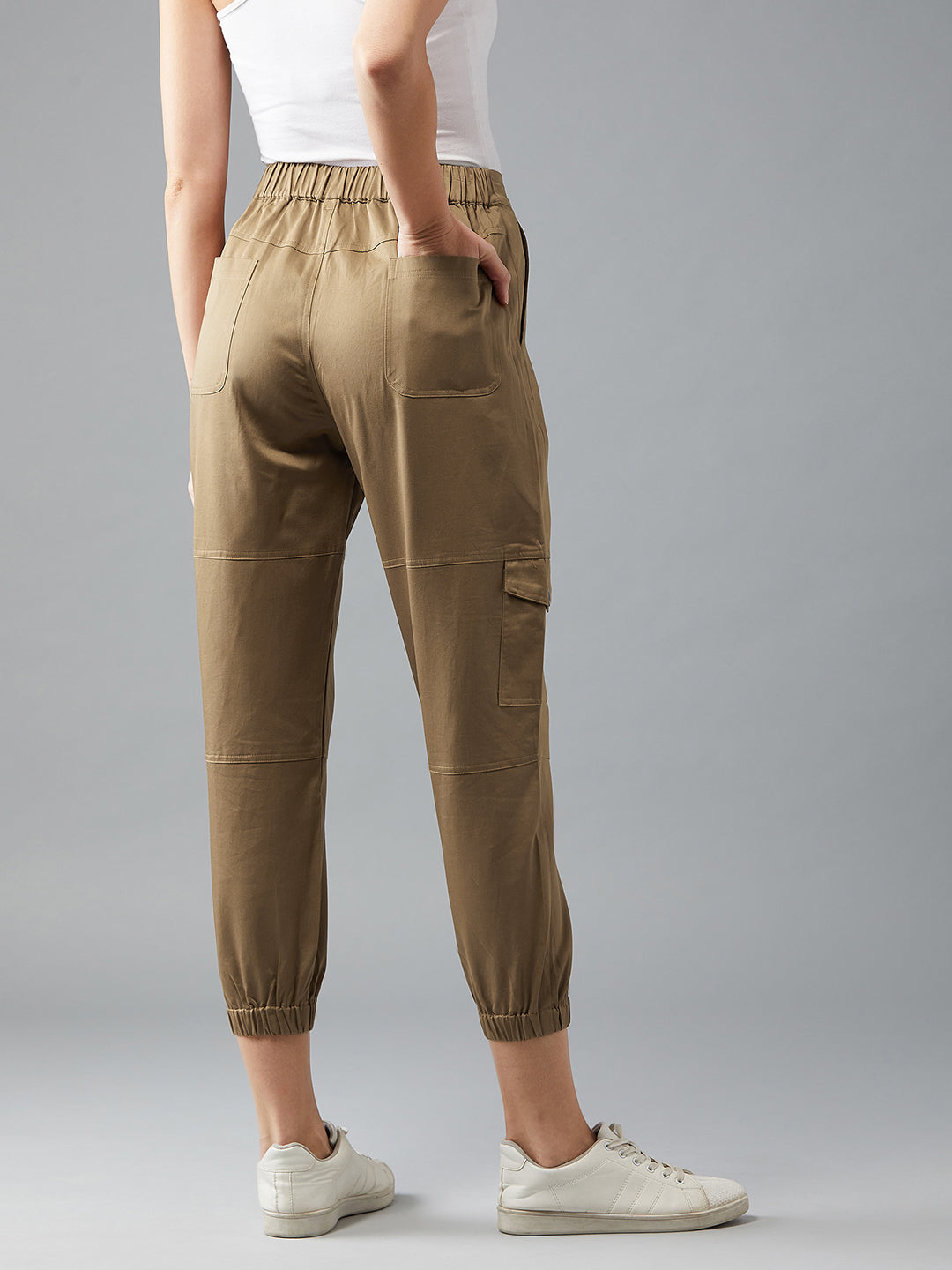 Women's Olive Green Solid Panelled Elasticated Cropped Length Joggers