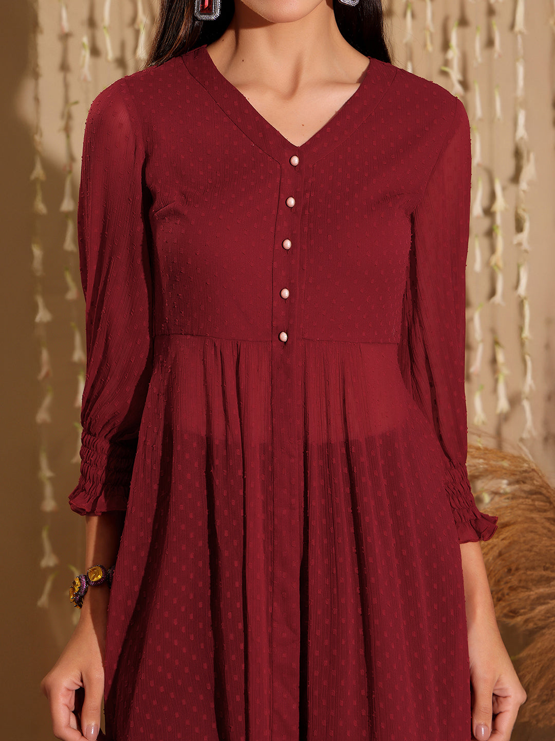 Women's Maroon V-Neck 3/4 Sleeves solid empire Maxi Top