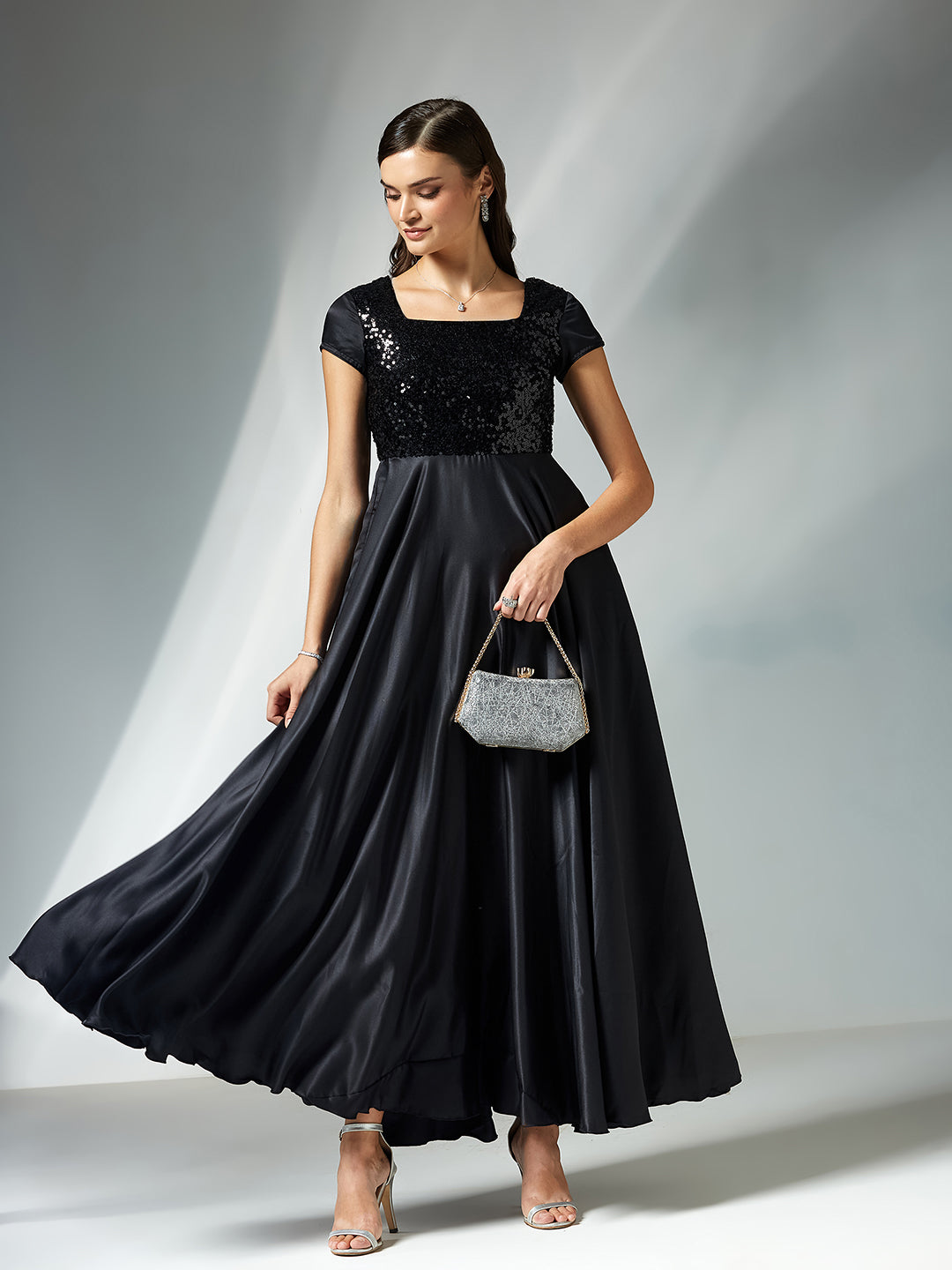 Women's Black Square Neck Short Sleeve Embellished Polyester Fit & Flare Maxi Dress