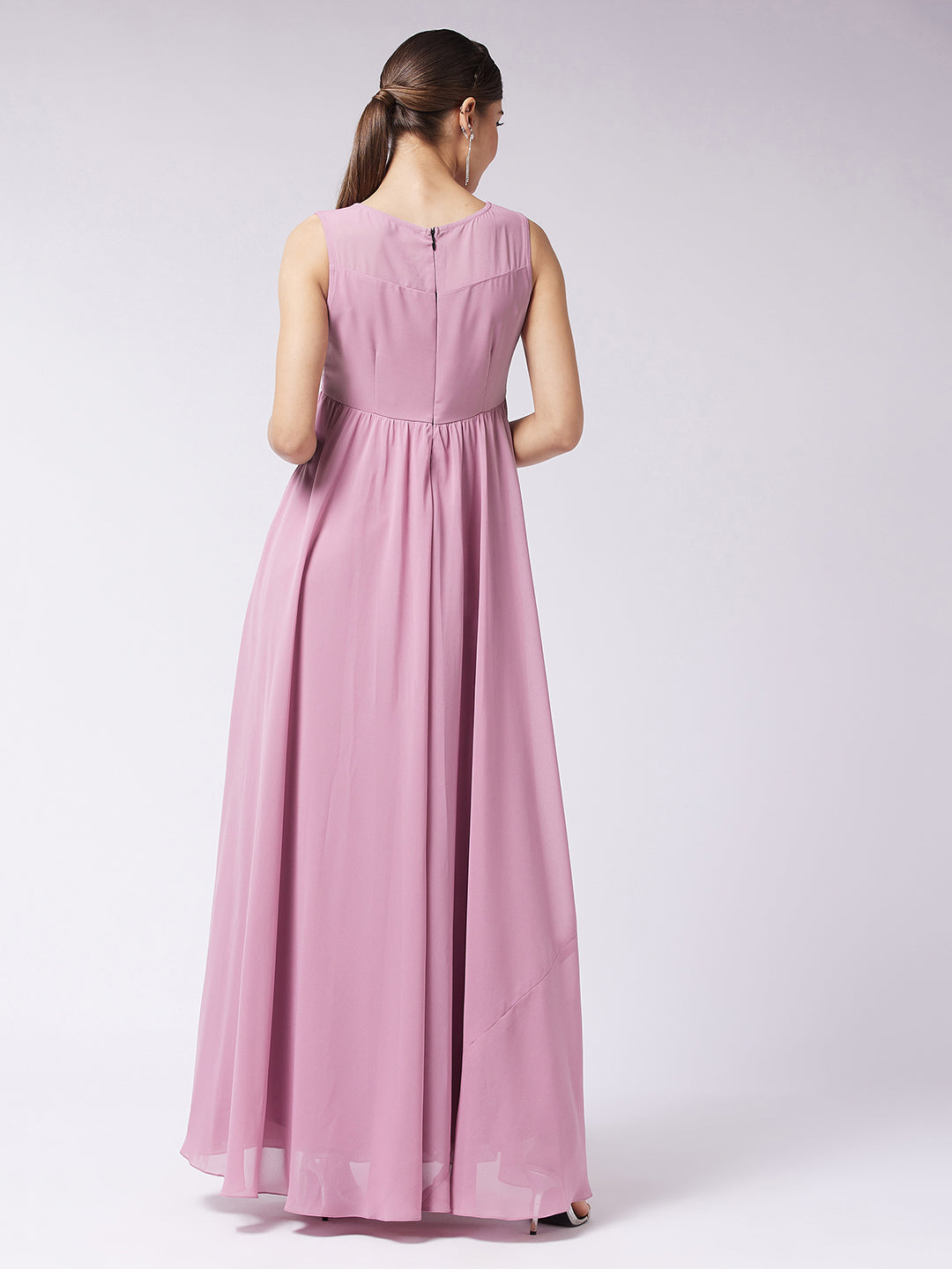 Women's Dusty Lavender Round Neck Sleeveless Solid Embroidered Maxi Dress