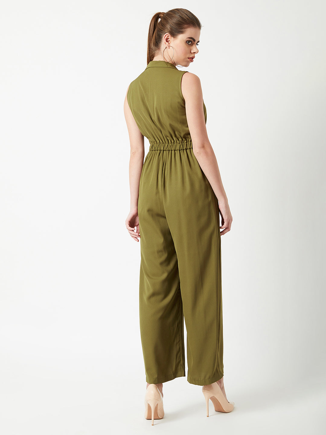 Women's Olive Green Collared Sleeveless Solid Wide Leg Regular Length Elasticated Jumpsuit