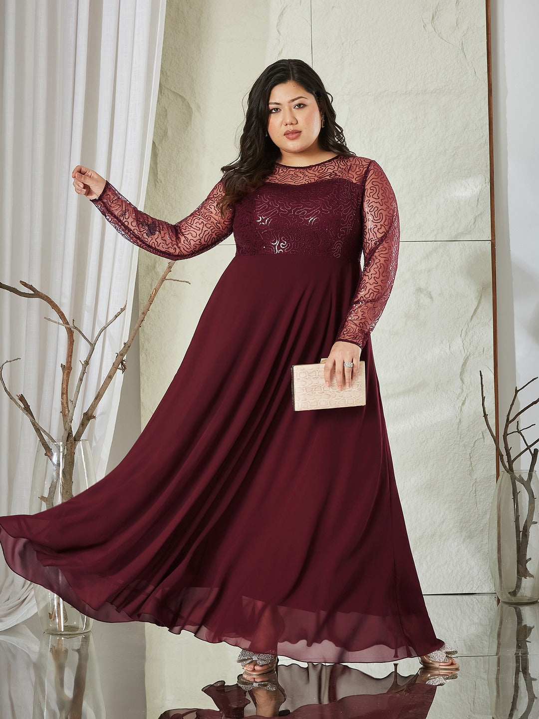 Wine Solid Embellished Maxi Dress for Women