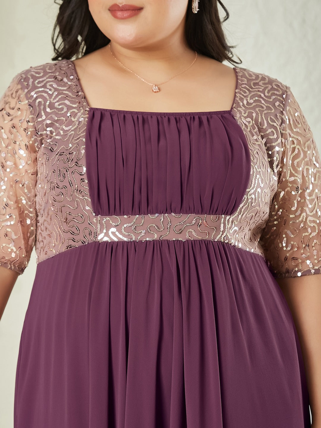 Mauve Square Neck Half Sleeve Solid Embellished Georgette Maxi Dress for Women