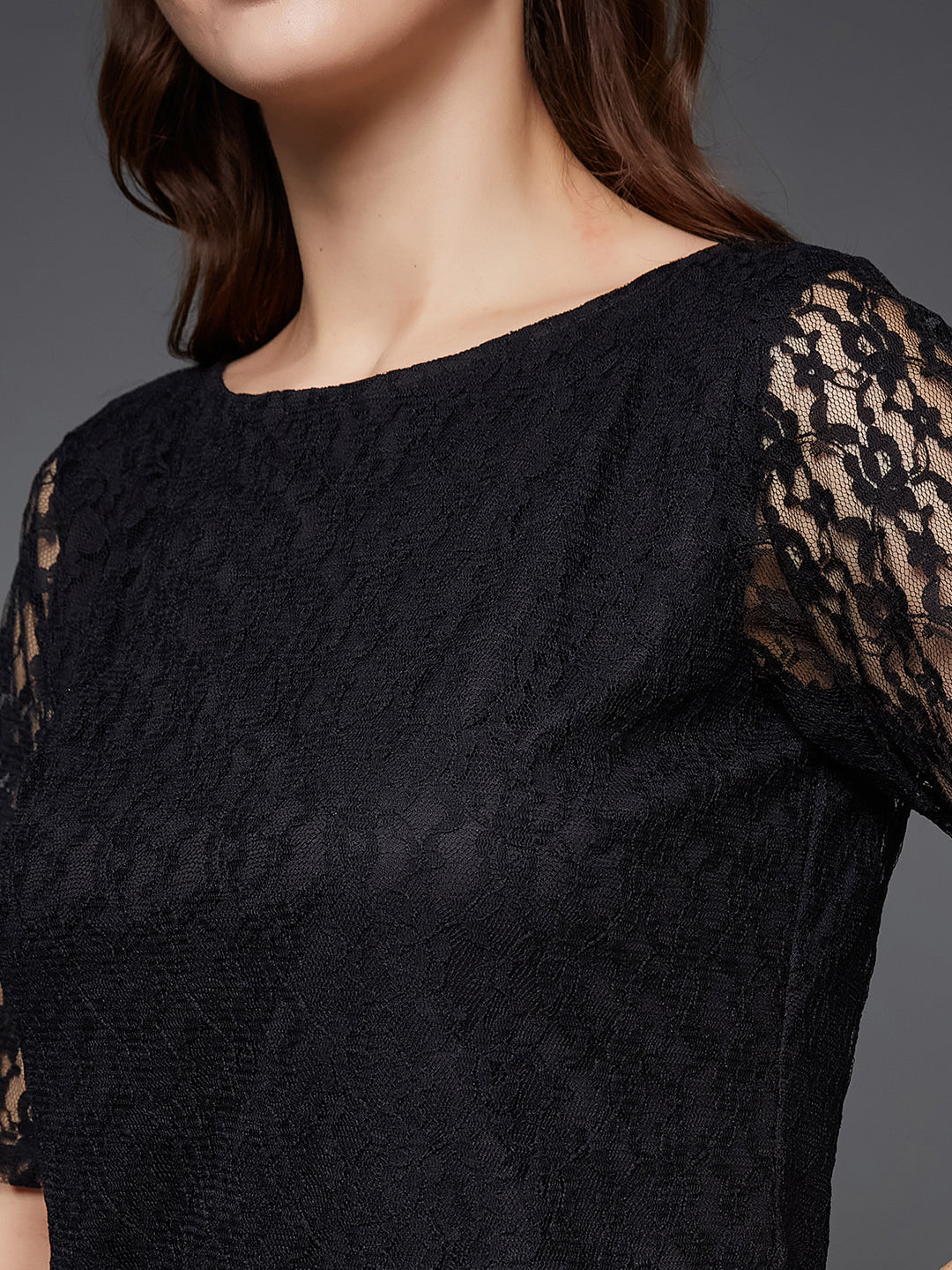 Women's Black Round Neck Half Sleeves Basic Lace Crop Top