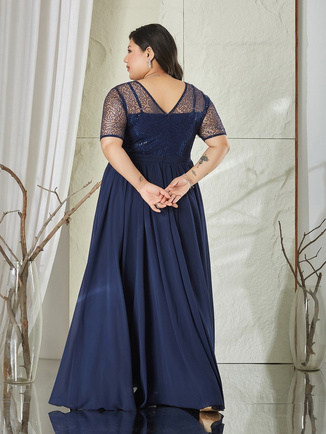 Navy Blue Relaxed Fit Maxi Georgette & Sequins Dress for Women