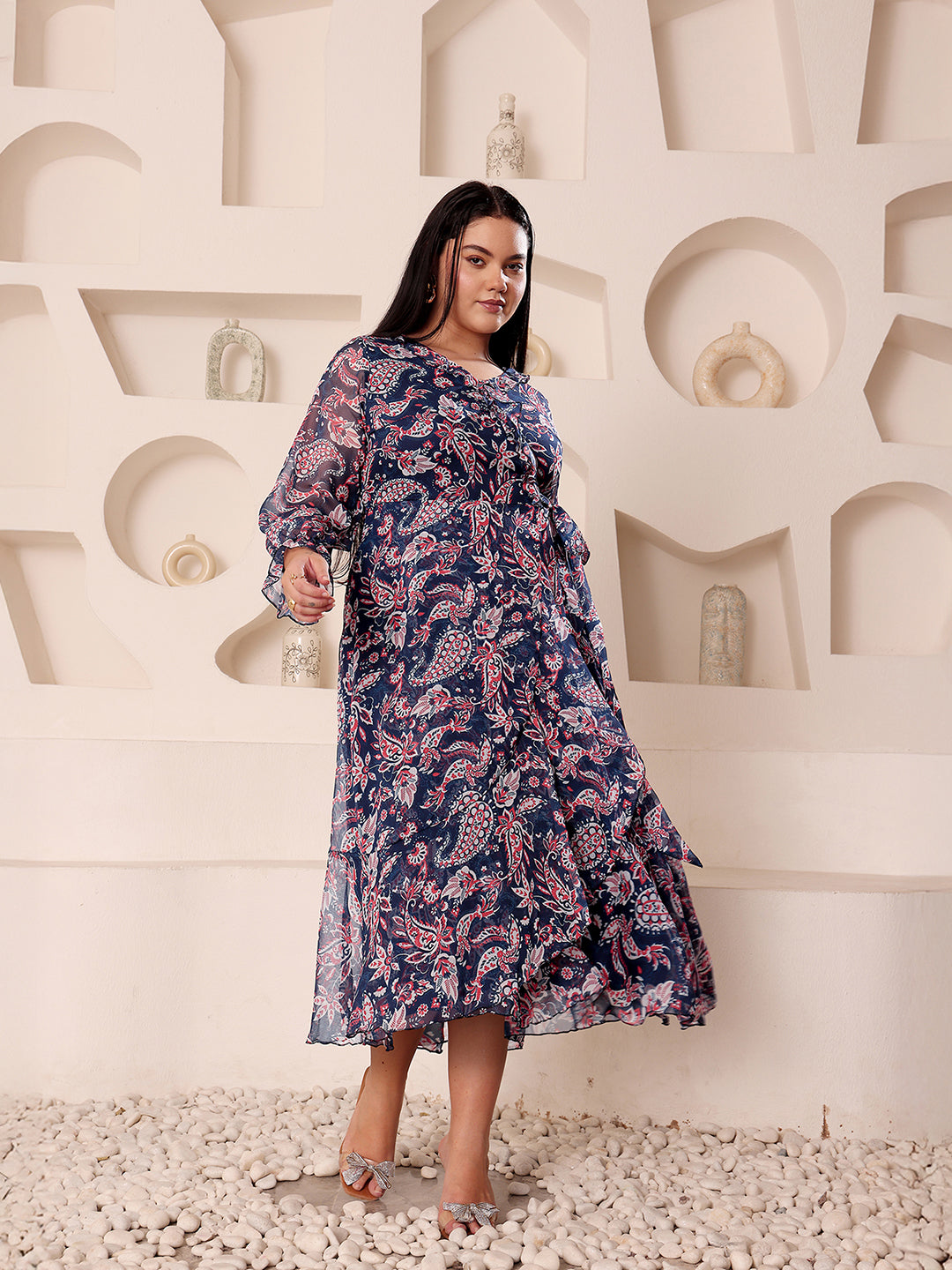 Women's Multicolored-Base-Navy Blue V-Neck Full Sleeves  Relaxed-Fit Midi Length Dress