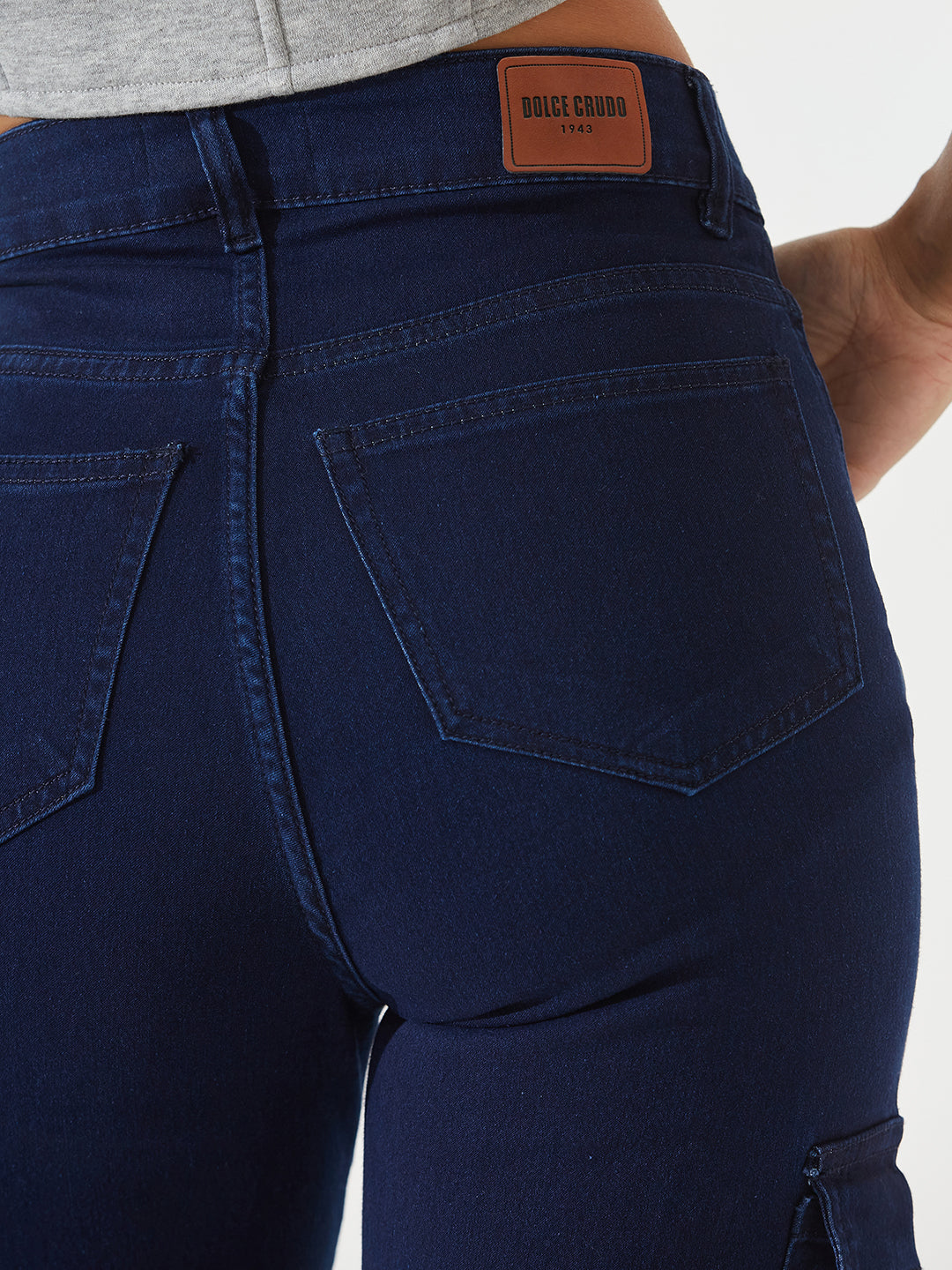 Navy Blue Wide-Leg High-Rise Stretchable Denim Cargo Jeans For Women