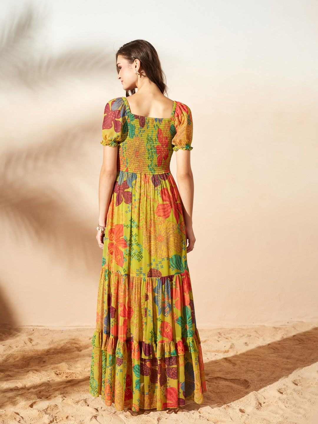 Lime Green Square Neck Puff Sleeve Floral Fit And Flare Maxi Chiffon Dress for Women