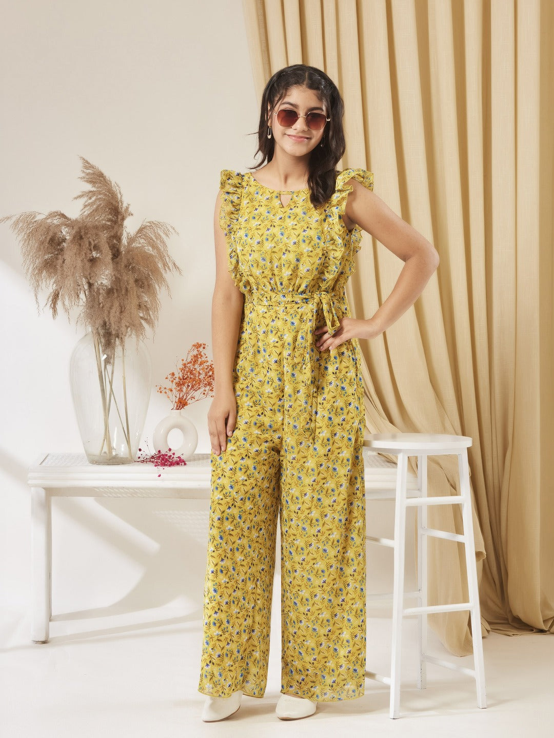 Yellow Round neck Sleeveless Floral Wide Leg Regular Jumpsuit for Girls/Teenagers