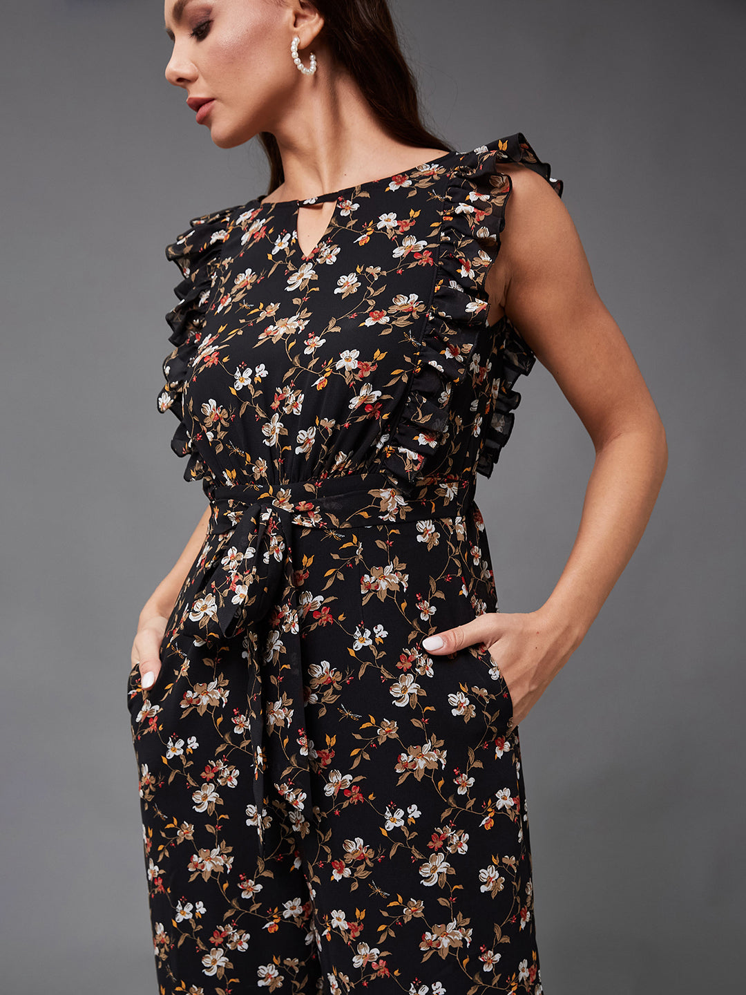 Women's Multicolored-Base-Black Round neck Sleeveless Floral Wide Leg Regular Jumpsuit