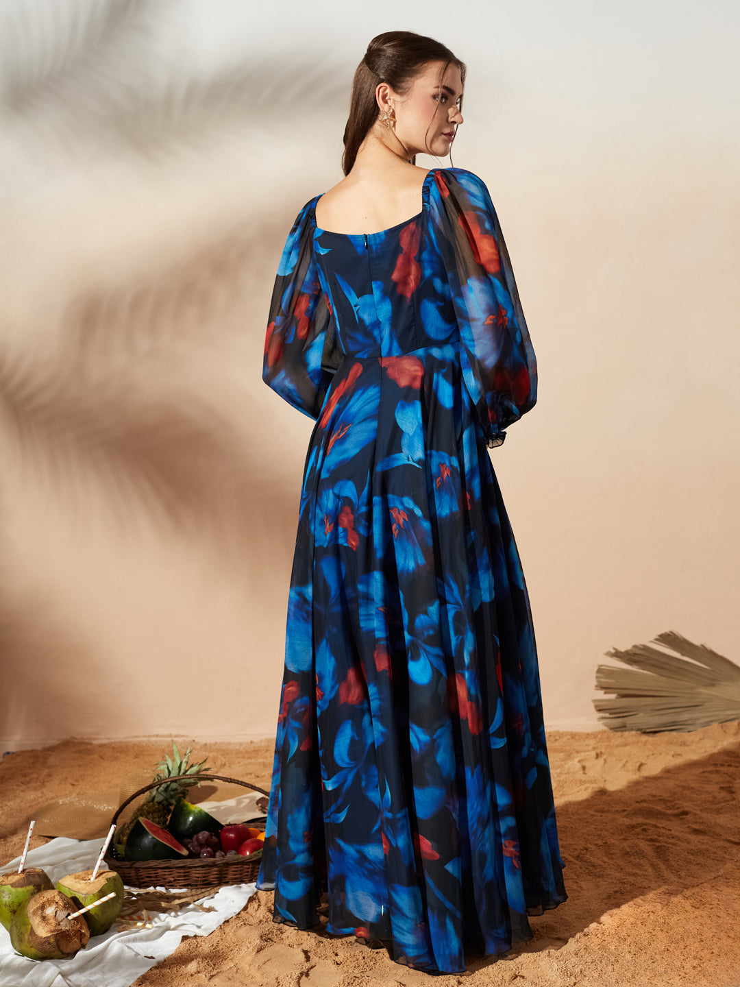 Black V-Neck Puff Floral Overlap/ Tiered Maxi Chiffon Ethnic Dress for Women — Miss Chase