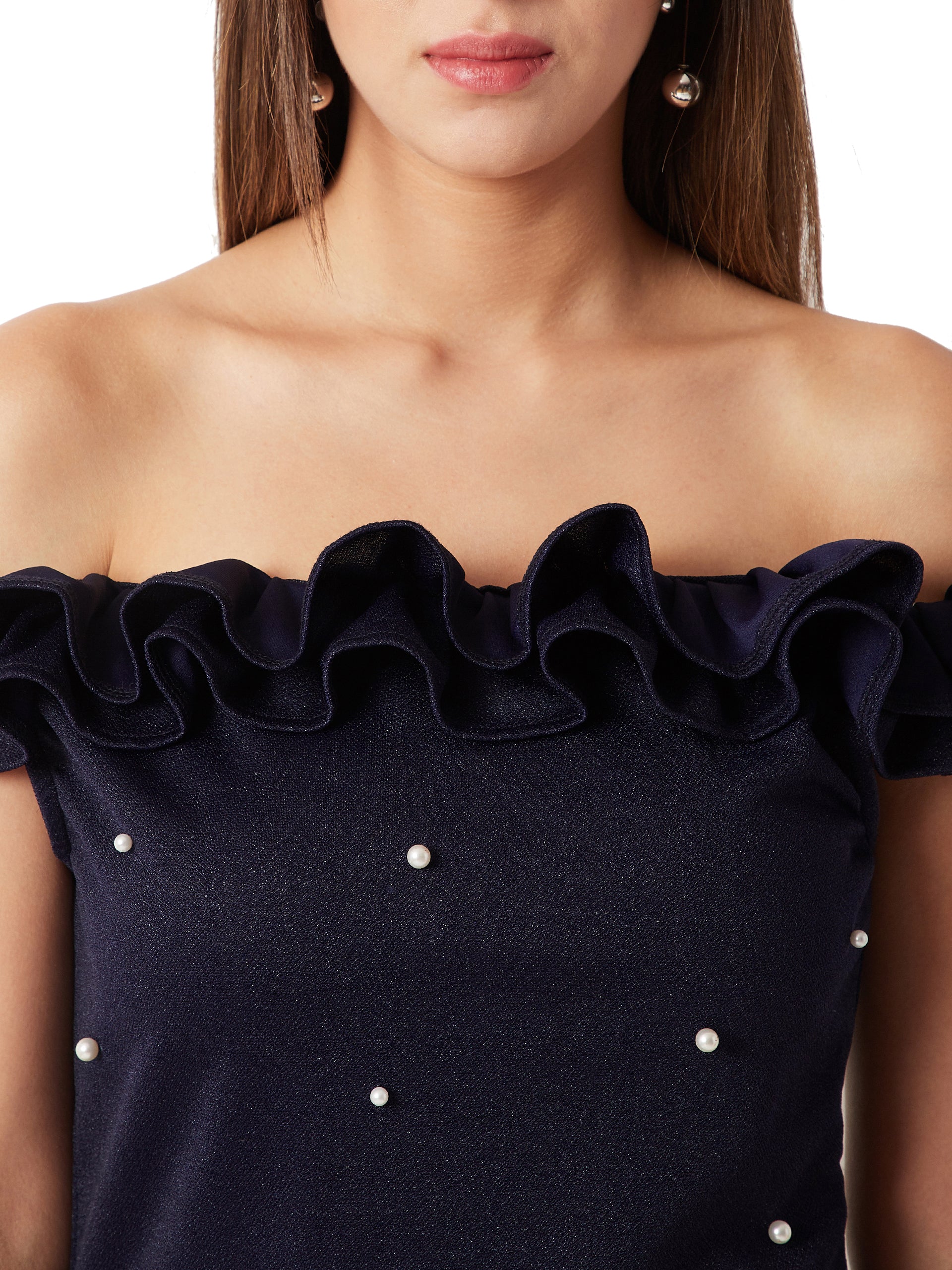 Women's Navy Blue Off-Shoulder Sleeveless Solid Pearl Detailing Ruffled Bardot Style Top