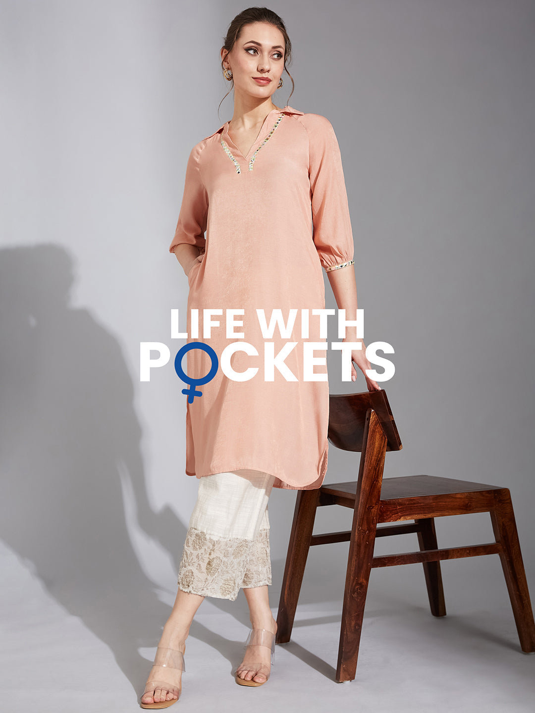 Women's Peach Colored Shirt Collar Full Sleeve Solid Raglan Knee-Long Polyester Kurta