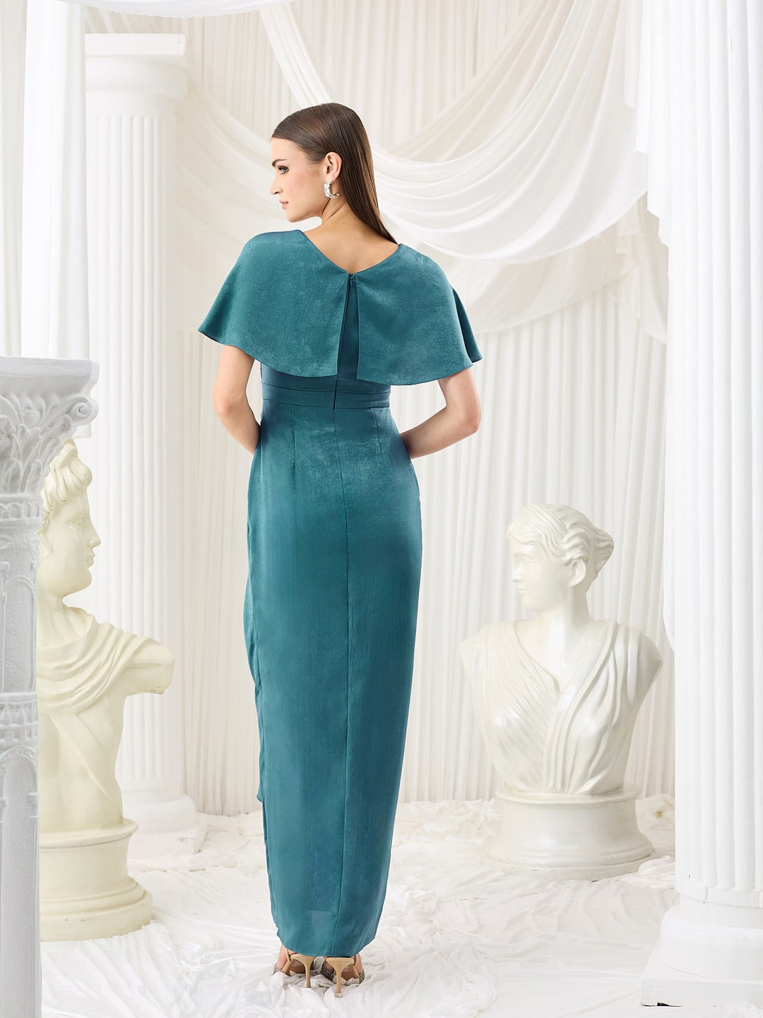 Teal Sweetheart Cape Embellished Draped Satin Maxi Dress for Women