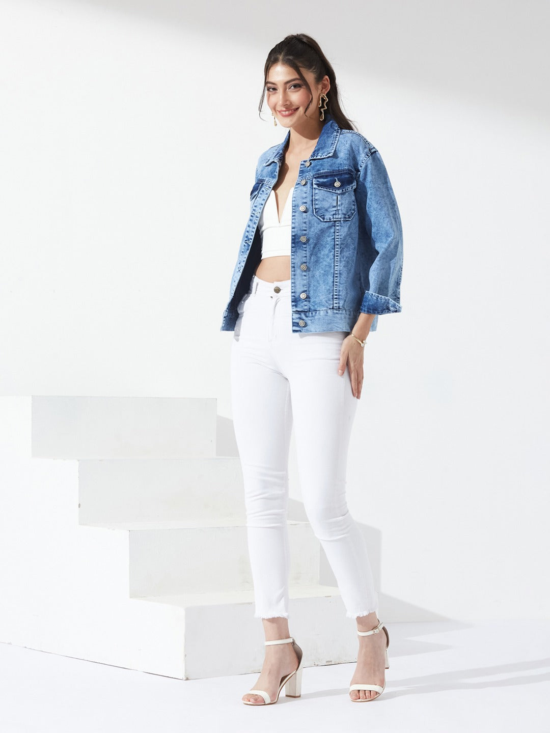 Light Blue Collared Full Sleeve Solid Embellished Regular Length Denim Jacket for Women