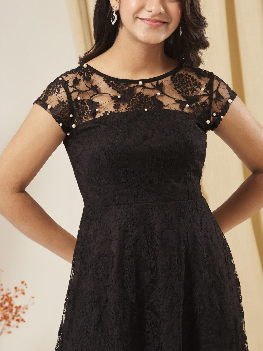 Black Round Neck Cap Sleeve Lace Solid Embellished Mini Skater Dress for Girls/Teenagers