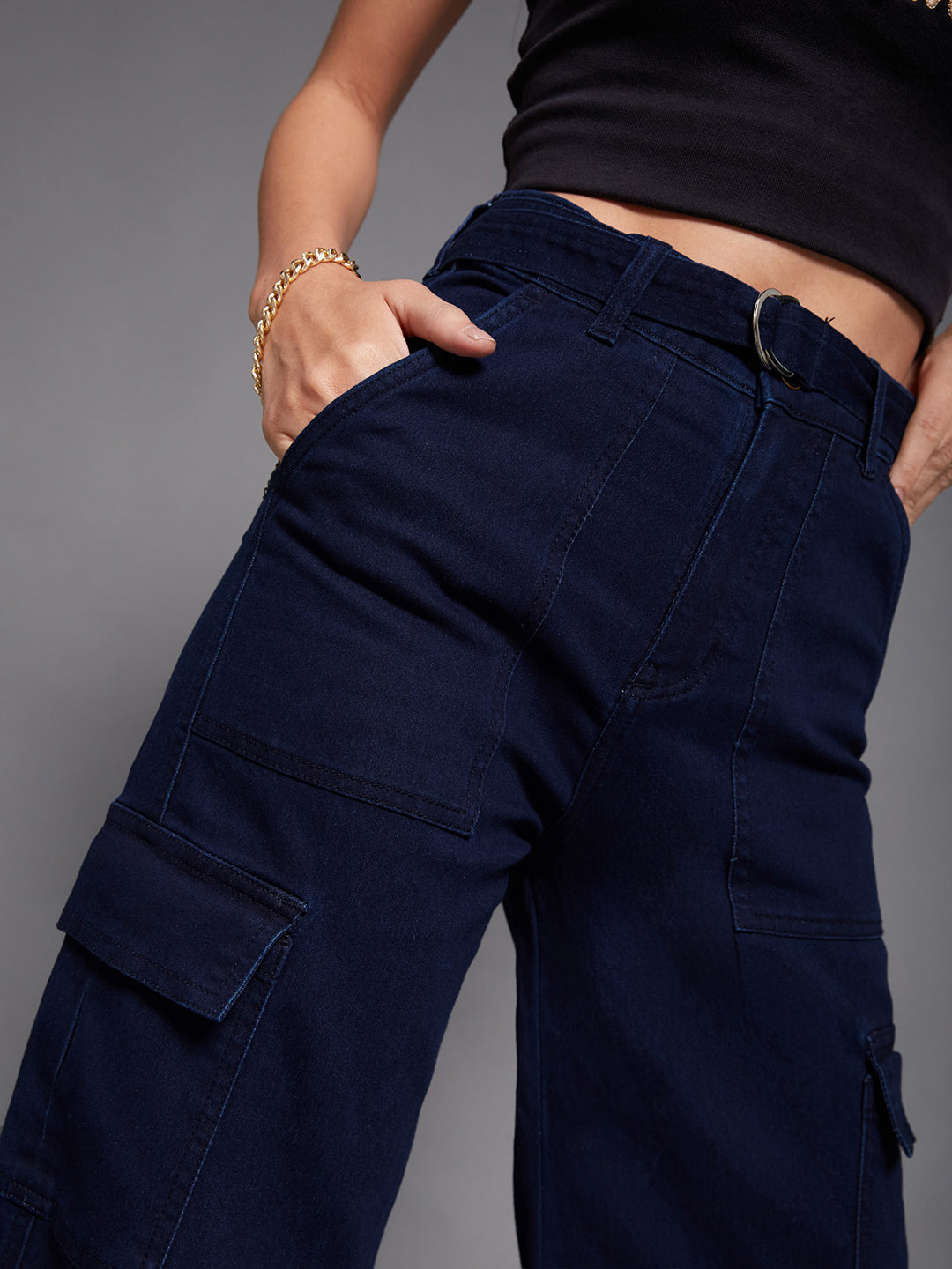 Women's Navy Blue Wide leg High rise Clean Look Regular Stretchable Cargo Denim Jeans