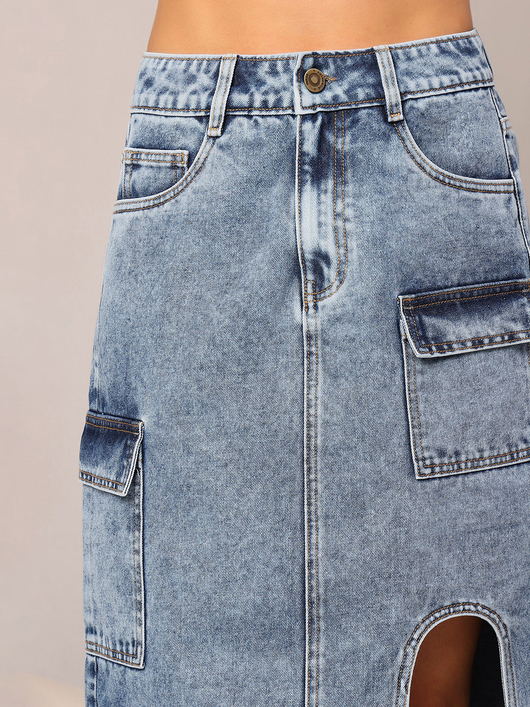 Blue Straight-Fit High-Rise Clean-Look Non-stretchable Denim Midi Skirt for Women