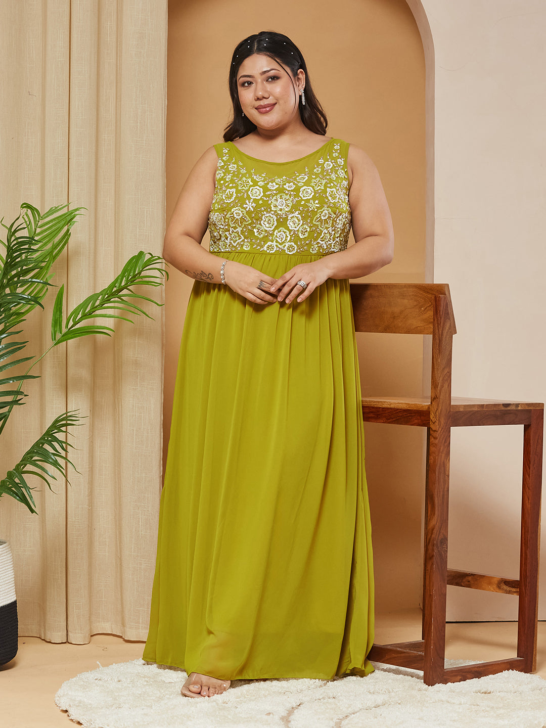 Lemon Green Boat-Neck-Sleevesless Embroidered Georgette Gathered Maxi Dress for Women