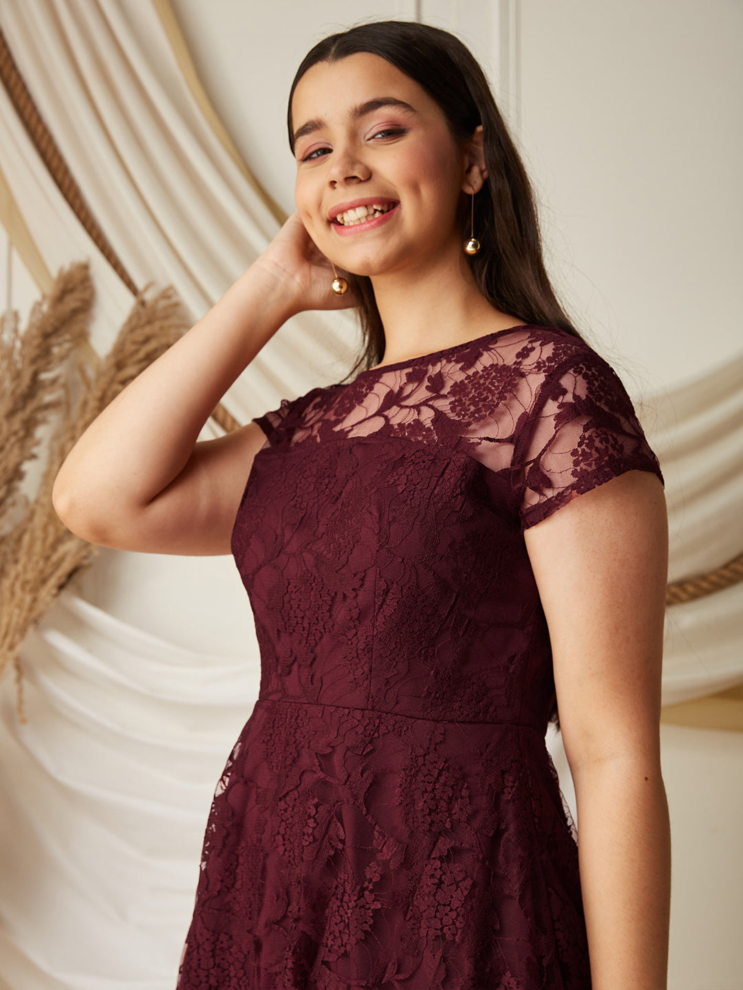 Wine Round Neck Cap Sleeves Low Back Lace Skater Dress for Girls/Teenagers for Women — Mizuki
