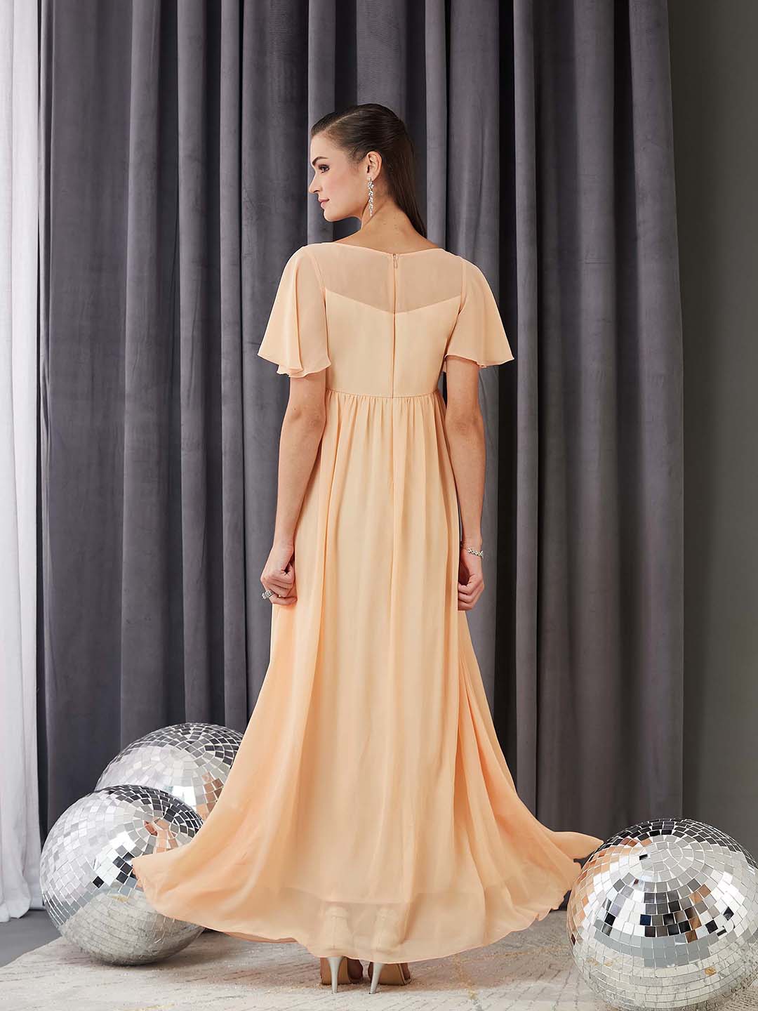 Women's Peach Boat Neck Half Sleeve Solid Embellished Georgette Maxi Dress