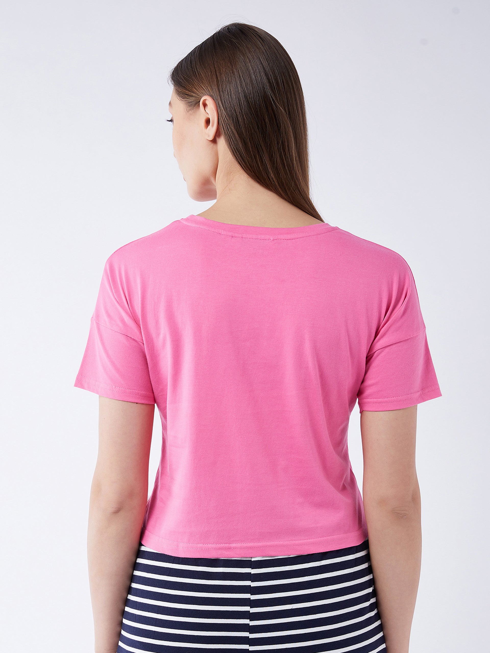 Women's Pink Round Neck Short Sleeve Solid Crop Length T-shirt