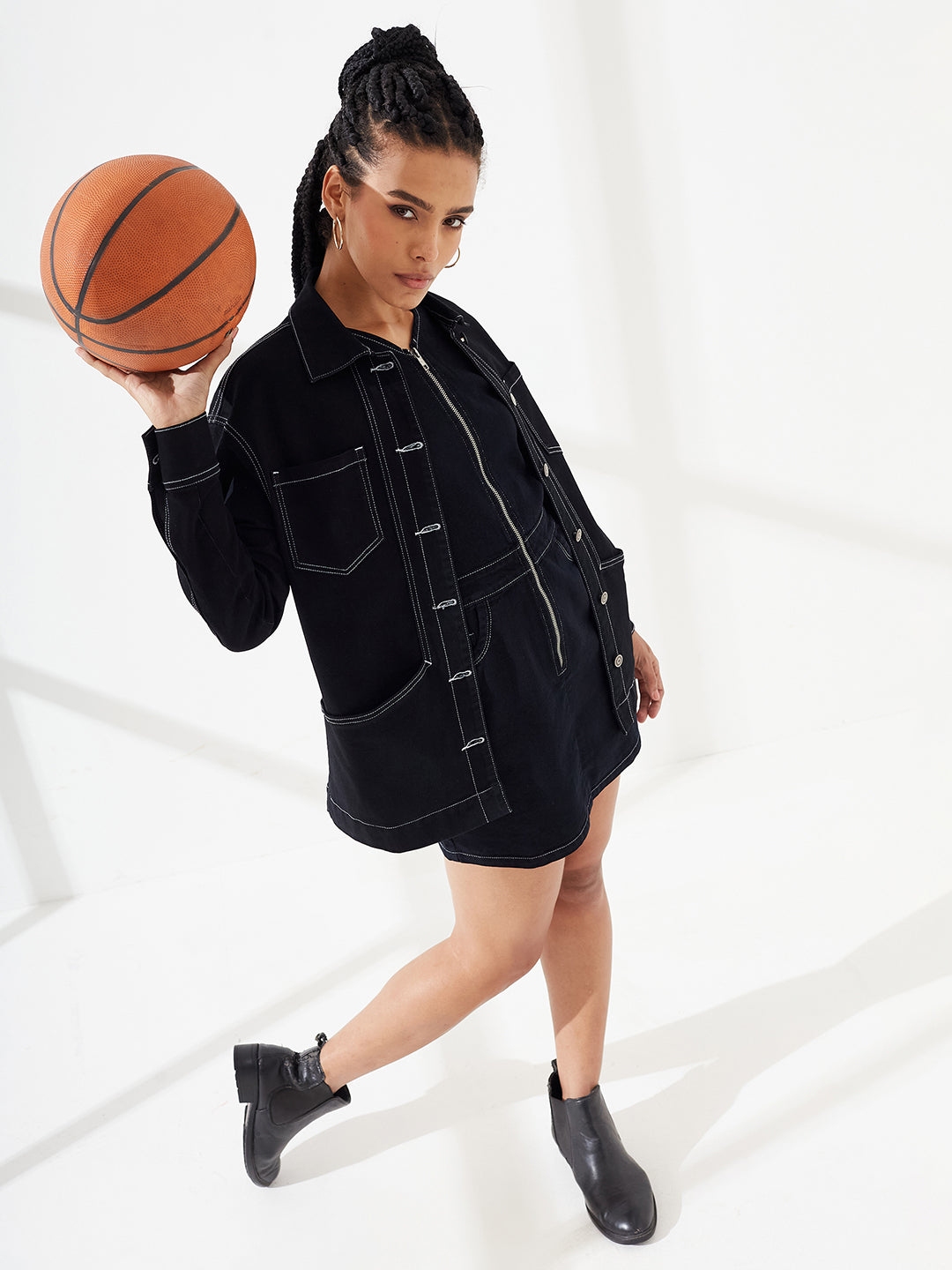 Black Shirt Collar Full-Sleeves Panelled Contrast Stitch Oversized Denim Jacket for Women