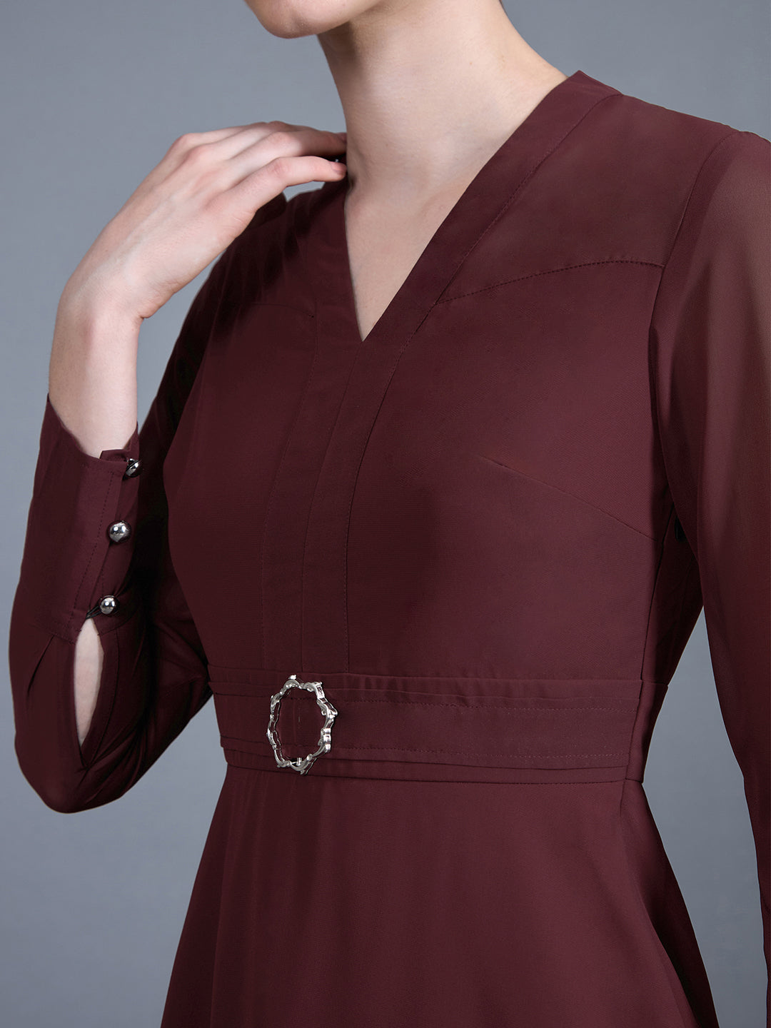 Women's Wine Red V-Neck Full Sleeve Solid Fit & Flare Midi Dress